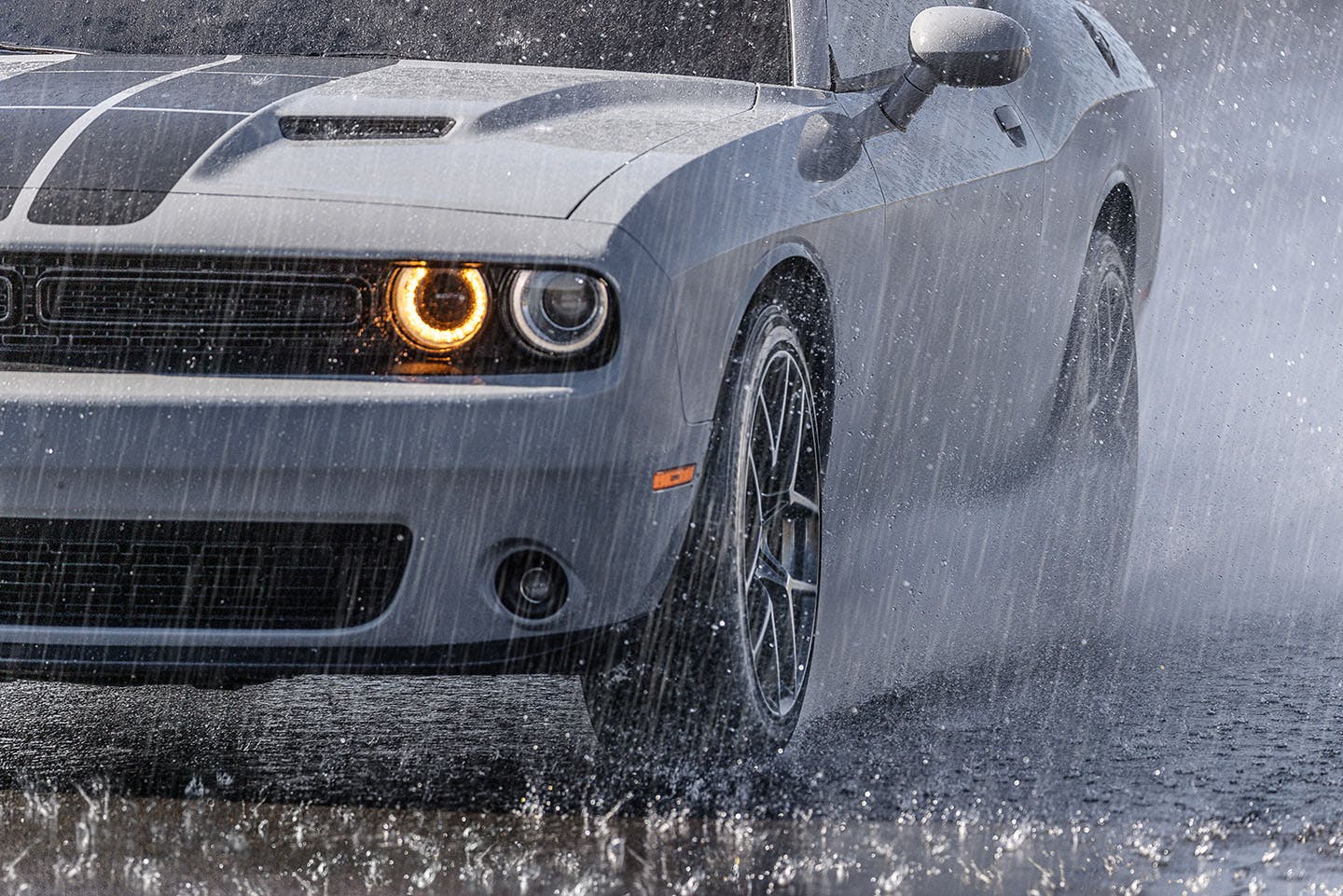 Image of a muscle car driving through the rain.